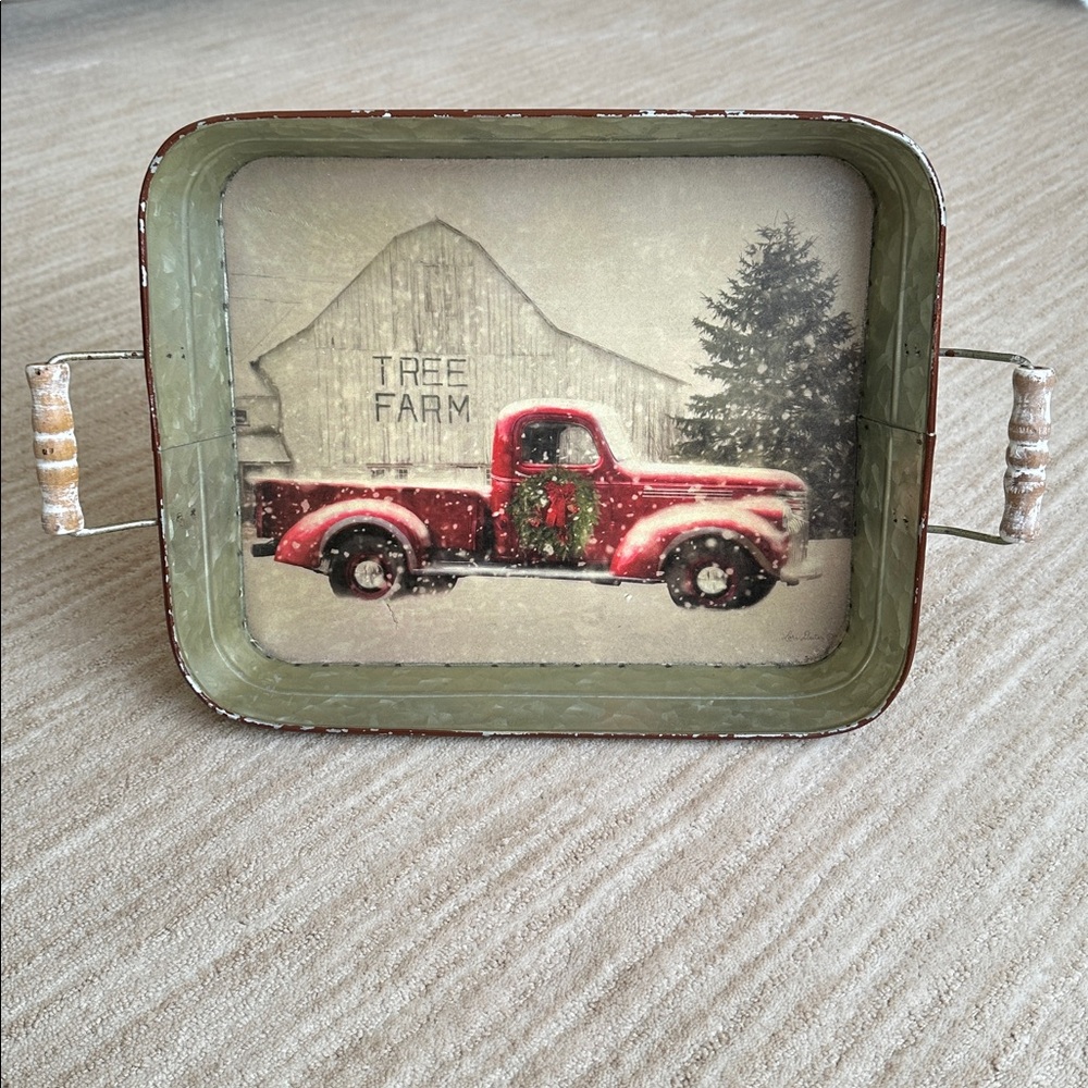 ‘Tree Farm With Truck' Metal Serving Tray with Handles by Lori Deiter, 14” x 11”